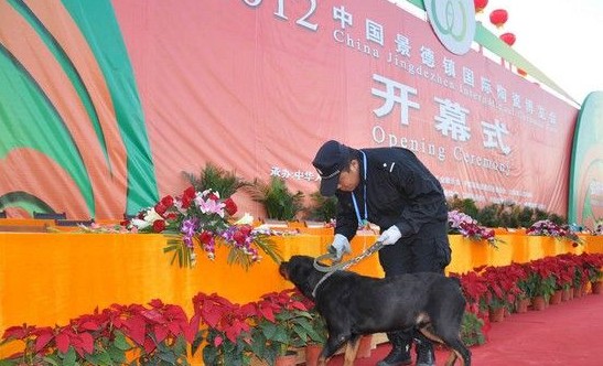 江西景德鎮(zhèn)陶瓷博覽會(huì)開(kāi)幕 安檢門(mén)與搜爆犬共同安保